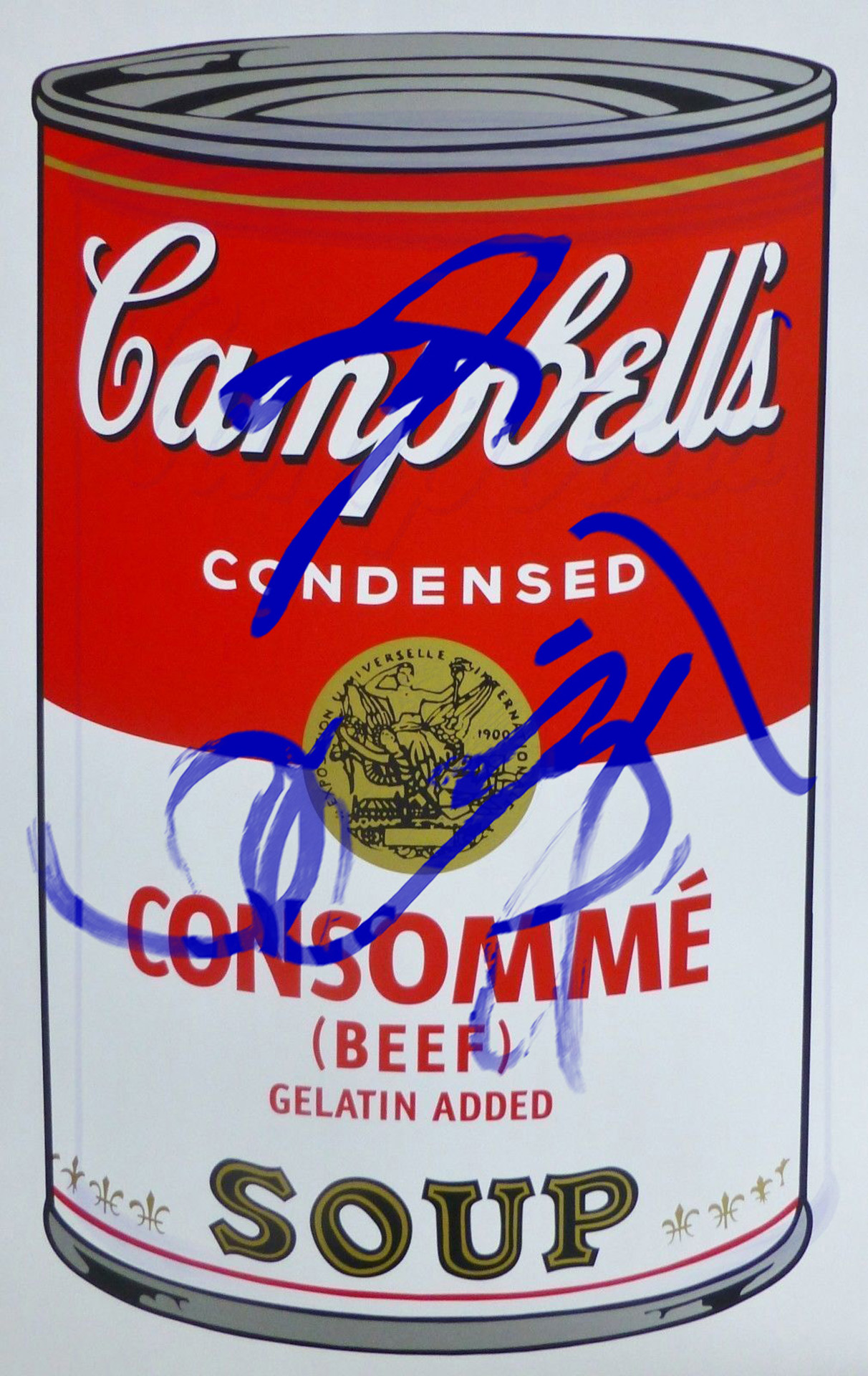 Blue marks and instant adhesive on Andy Warhol's Campbell's Soup Cans